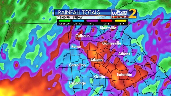 Some areas north of I-20 could get up to 2 inches between Thursday and early Saturday. (Credit: Channel 2 Action News)