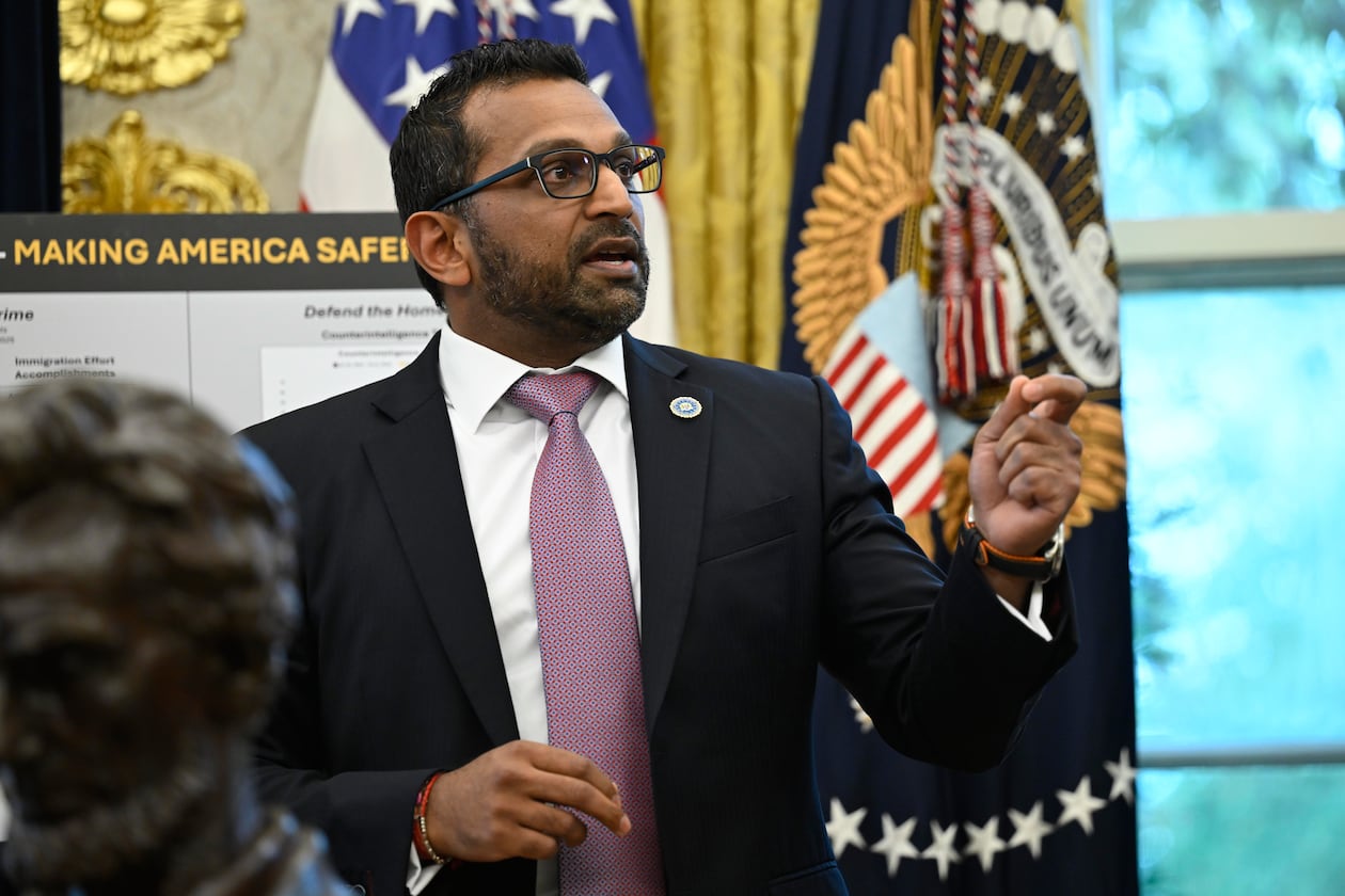 FBI Director Kash Patel speaks during an event with President Donald Trump in the Oval Office at the White House, Wednesday, Oct. 15, 2025, in Washington. (AP Photo/John McDonnell)