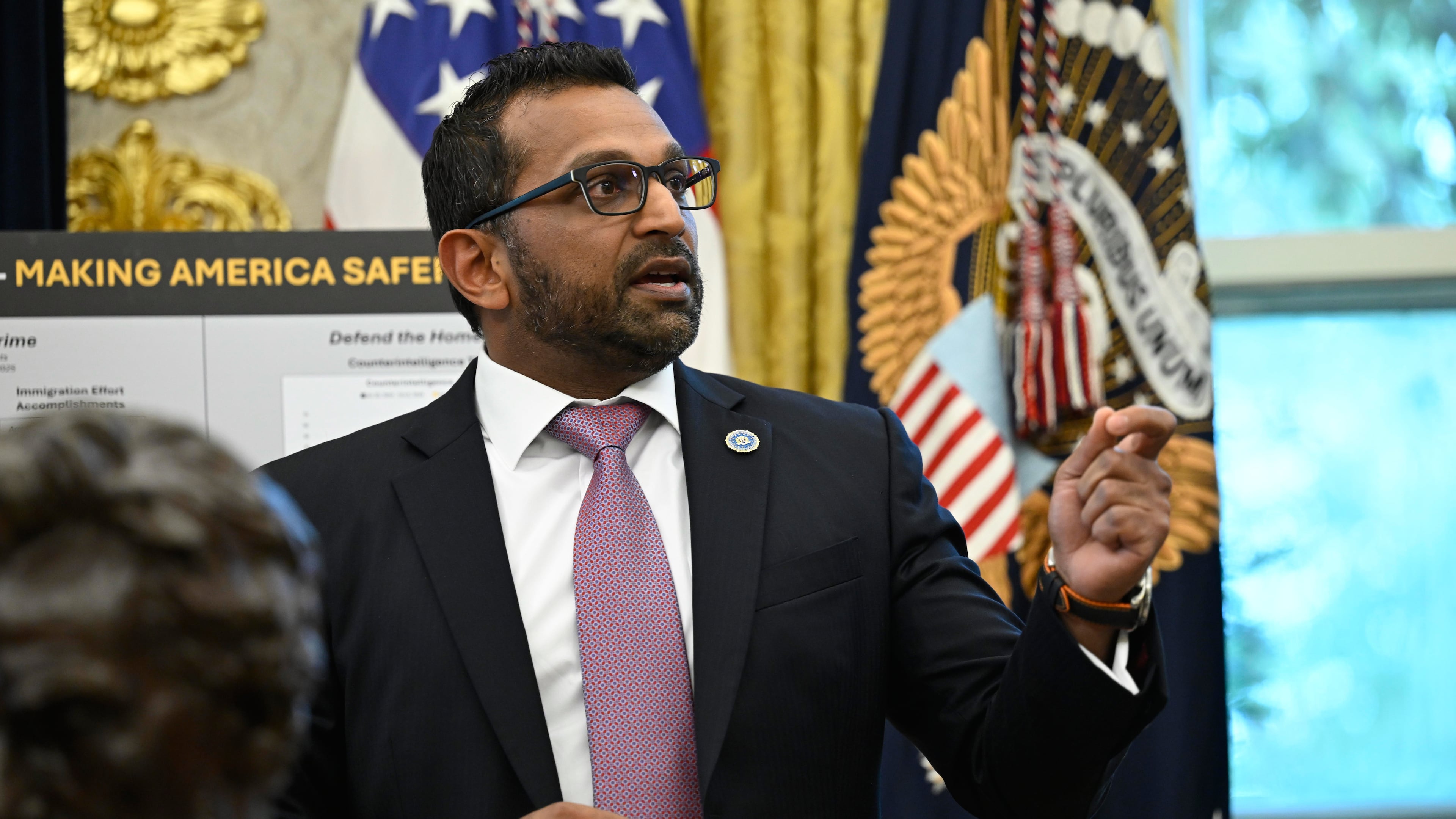 FBI Director Kash Patel speaks during an event with President Donald Trump in the Oval Office at the White House, Wednesday, Oct. 15, 2025, in Washington. (AP Photo/John McDonnell)