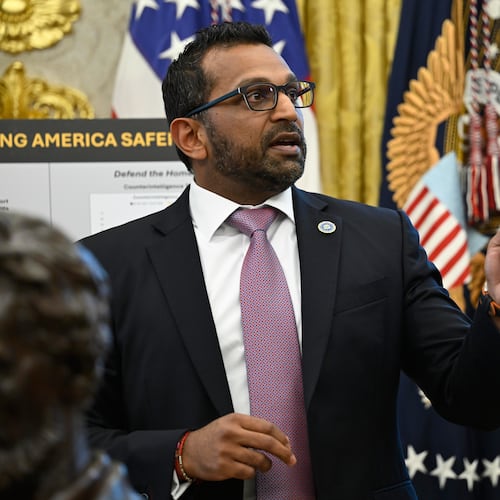 FBI Director Kash Patel speaks during an event with President Donald Trump in the Oval Office at the White House, Wednesday, Oct. 15, 2025, in Washington. (AP Photo/John McDonnell)
