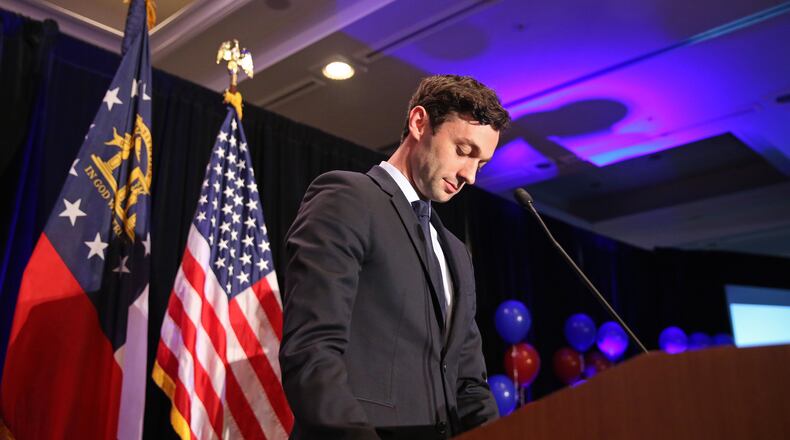 Democrat Jon Ossoff during his concession speech. PHOTO / JASON GETZ