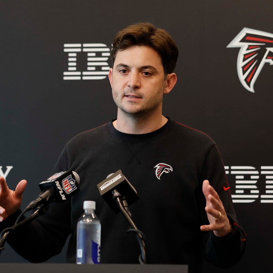 Atlanta Falcons Offensive Coordinator Tommy Rees addresses members of the media at a news conference at the Falcons Practice Facility in Flowery Branch on Wednesday, Feb. 11, 2026. (Miguel Martinez/AJC)