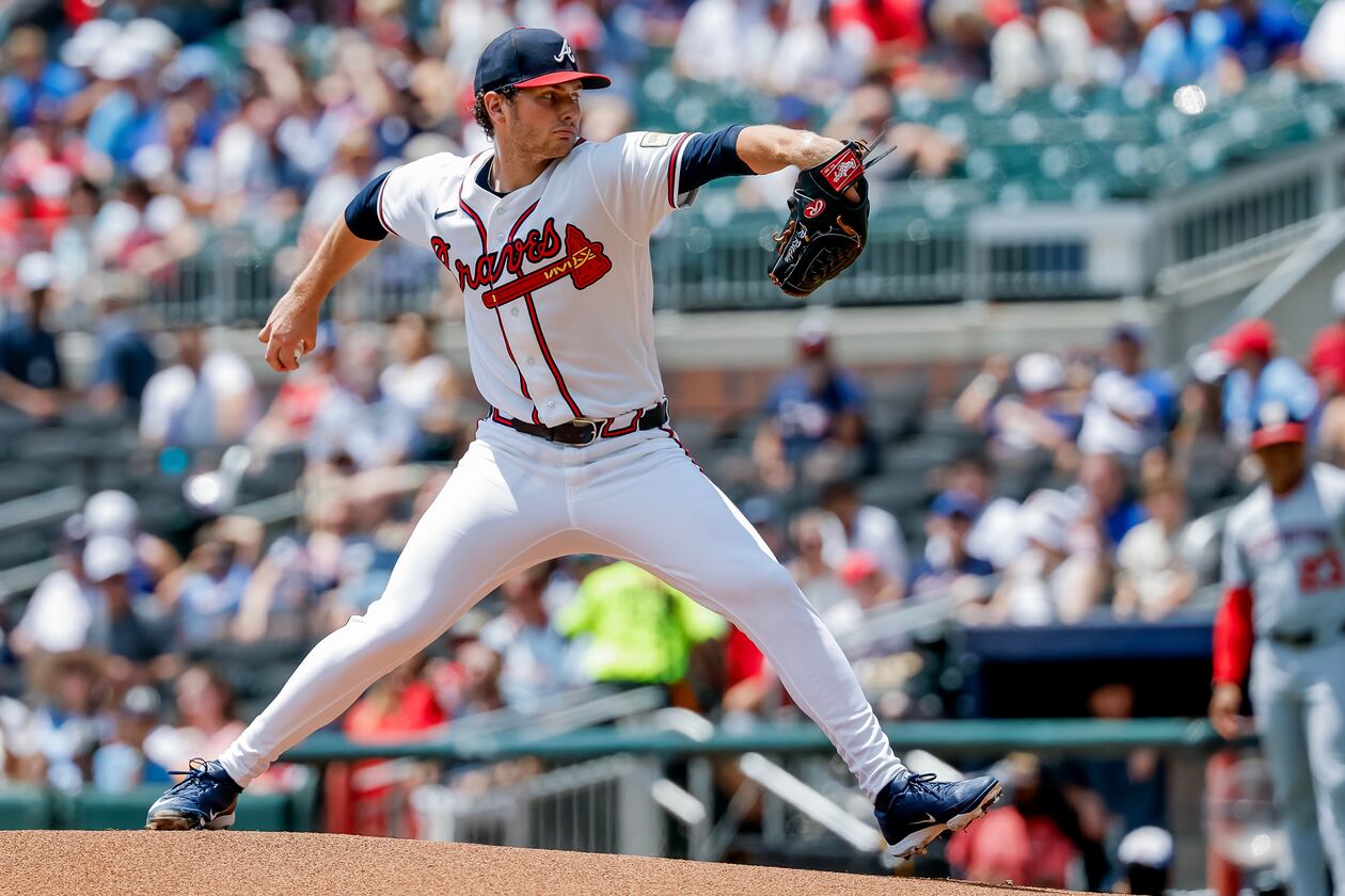 Braves pitcher JR Ritchie delivers to a Washington Nationals batter on Sunday, Aug. 2, 2026, in Atlanta. The 23-year-old rookie has pitched 58 innings for the Braves. (Erik S. Lesser/AP)