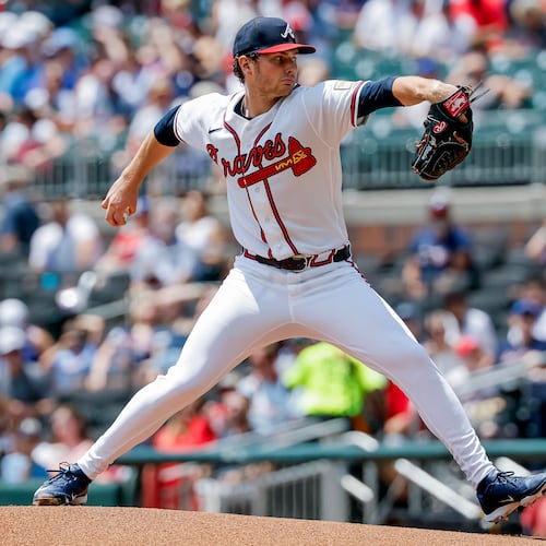 Braves pitcher JR Ritchie delivers to a Washington Nationals batter on Sunday, Aug. 2, 2026, in Atlanta. The 23-year-old rookie has pitched 58 innings for the Braves. (Erik S. Lesser/AP)