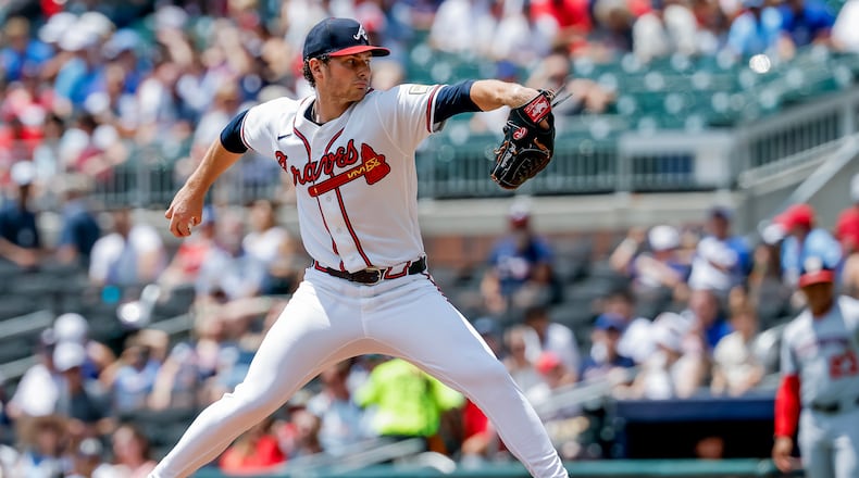 Braves pitcher JR Ritchie delivers to a Washington Nationals batter on Sunday, Aug. 2, 2026, in Atlanta. The 23-year-old rookie has pitched 58 innings for the Braves. (Erik S. Lesser/AP)