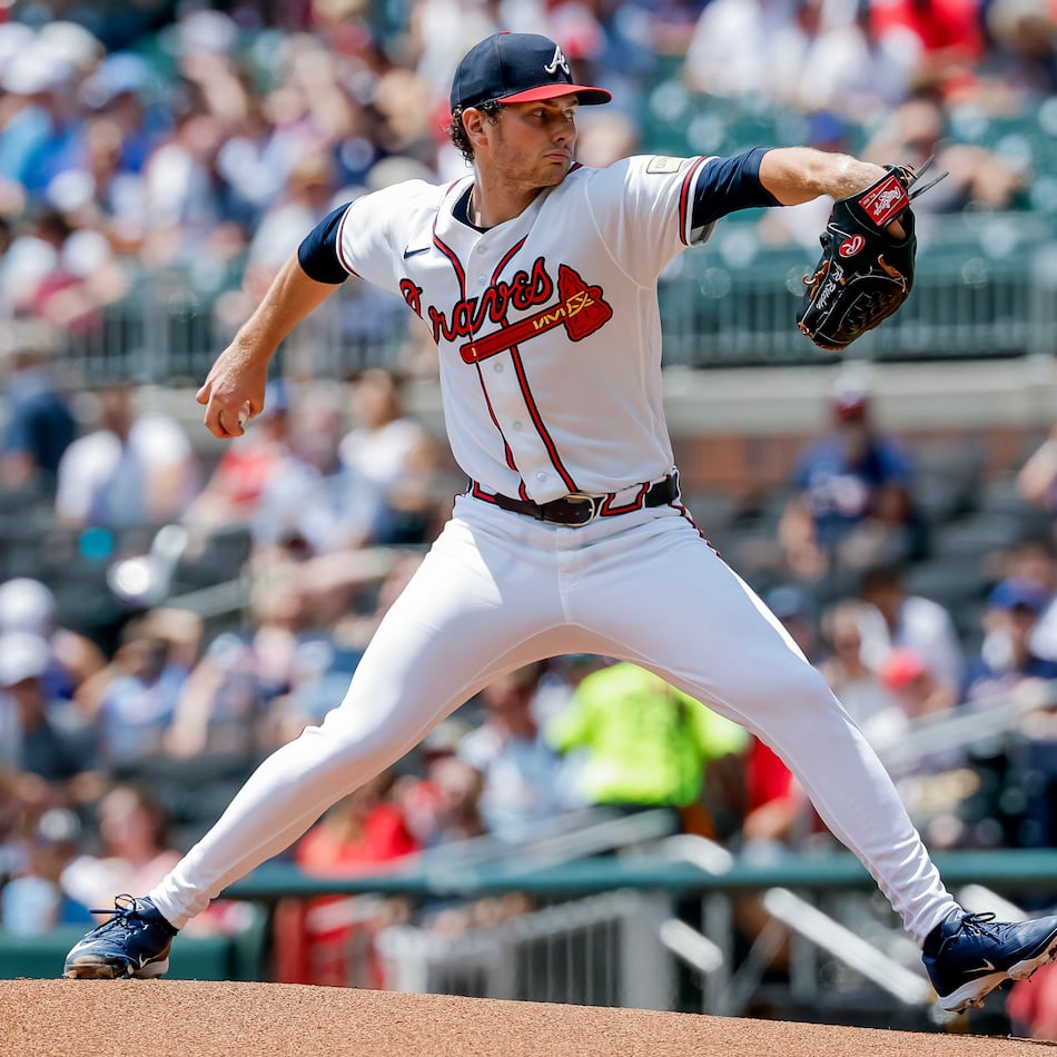 Braves pitcher JR Ritchie delivers to a Washington Nationals batter on Sunday, Aug. 2, 2026, in Atlanta. The 23-year-old rookie has pitched 58 innings for the Braves. (Erik S. Lesser/AP)