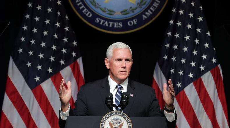 Vice President Mike Pence announces the Trump Administration's plan to create the U.S. Space Force by 2020 during a speech at the Pentagon August 9, 2018, in Arlington, Virginia. Describing space as adversarial and crowded and citing threats from China and Russia, Pence said the new Space Force would be a separate, sixth branch of the military.
