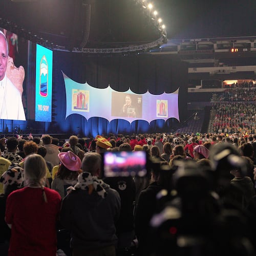 Pope Leo XIV speaks remotely from the Vatican to thousands of Catholics at the National Catholic Youth Conference on Friday, Nov. 21, 2025, in Indianapolis. (AP Photo/Obed Lamy)