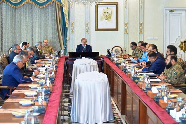 In this photo released by the Prime Minister's Office, Pakistan's Prime Minister Shehbaz Sharif chairs the meeting of the National Security Committee, in Islamabad, Pakistan, Thursday, April 24, 2025. (Prime Minister's Office via AP)