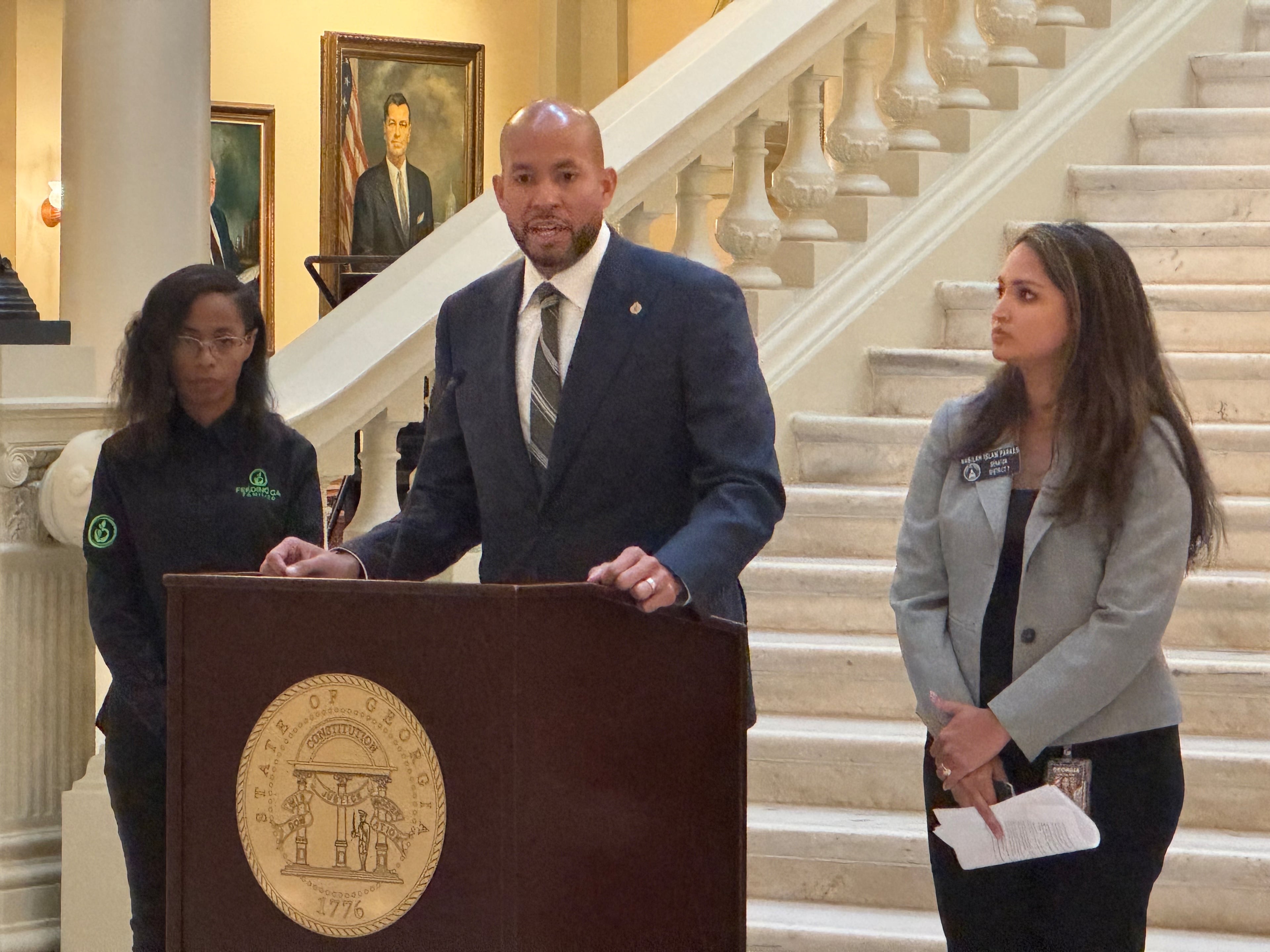 Democratic candidate for governor Jason Esteves spoke about federal food benefits at the Capitol in Atlanta on Wednesday. (Adam Beam)