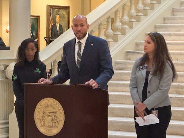 Democratic candidate for governor Jason Esteves spoke about federal food benefits at the Capitol in Atlanta on Wednesday. (Adam Beam)