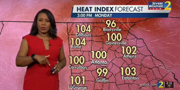 Channel 2 Action News meteorologist Eboni Deon said heat indexes are expected to reach the triple digits Monday afternoon as temperatures climb into the mid-90s.