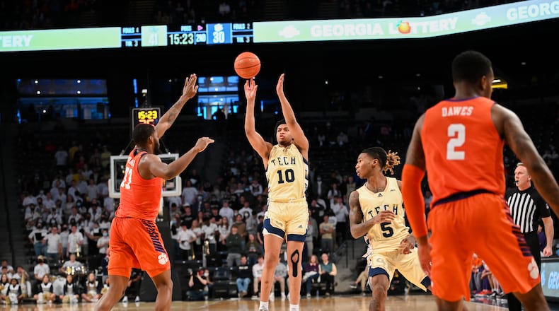 Georgia Tech guard Deebo Coleman releases a jump shot against Clemson on Feb. 5, 2022 at McCamish Pavilion. (Anthony McClellan/Georgia Tech Athletics)