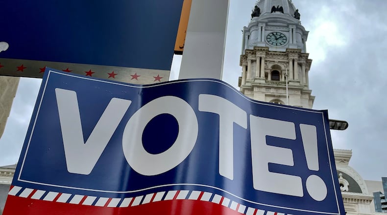 An Election Day sign near City Hall on Nov. 6, 2022, in Philadelphia. (Tom Gralish/The Philadelphia Inquirer/TNS)