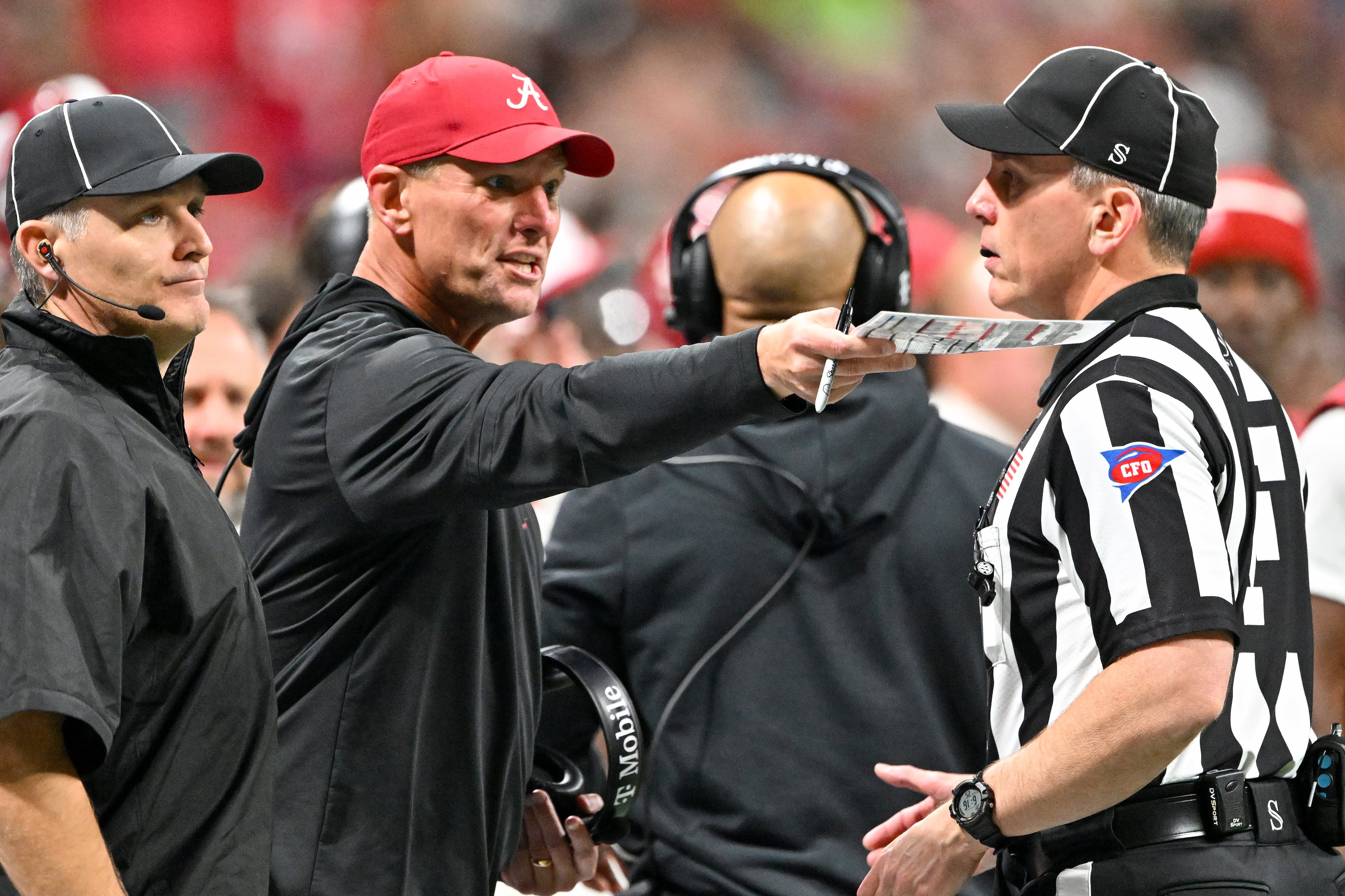 Alabama head coach Kalen DeBoer reacts on the sideline against Georgia during the third quarter of the SEC Championship game at Mercedes-Benz Stadium, Saturday, Dec. 6, 2025, in Atlanta. (Hyosub Shin / AJC)