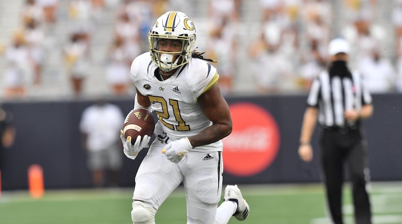 September 19, 2020 Atlanta - Georgia Tech's running back Jahmyr Gibbs (21) runs for a touchdown during the second half of an NCAA college football game at Georgia Tech's Bobby Dodd Stadium in Atlanta on Saturday, September 19, 2020. UCF won 49-21 over the Georgia Tech. (Hyosub Shin / Hyosub.Shin@ajc.com)