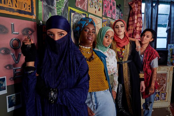"We Are Lady Parts" stars Lucie Shorthouse as Momtaz (from left), Faith Omole as Bisma, Anjana Vasan as Amina, Juliette Motamed as Ayesha, Sarah Kameela Impey as Saira. Photo by: Laura Radford/Peacock