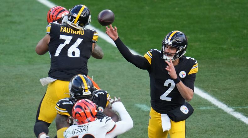 Pittsburgh Steelers quarterback Mason Rudolph (2) throws against the Cincinnati Bengals during the first second of an NFL football game Sunday, Nov. 16, 2025, in Pittsburgh. (AP Photo/Gene J. Puskar)