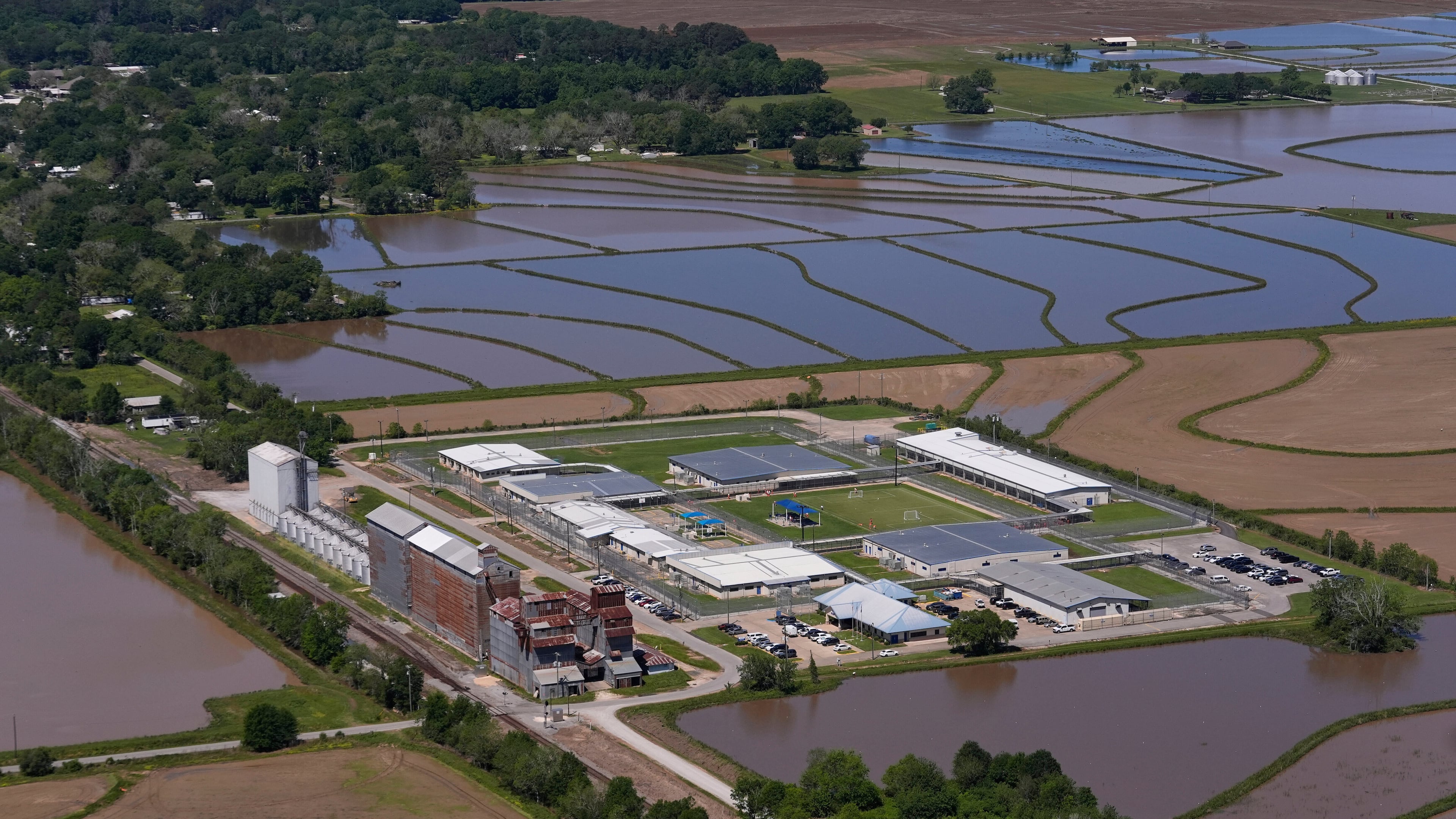 FILE - The South Louisiana ICE Processing Center is seen in this aerial photo in Basile, La., Tuesday, April 8, 2025. (AP Photo/Gerald Herbert, File)