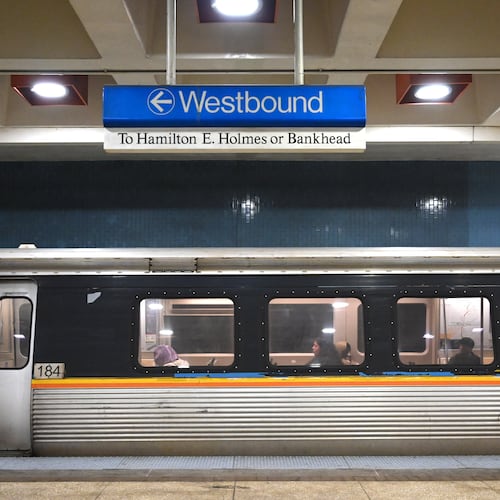 A MARTA train stops. Early Saturday, a MARTA train fatally struck and killed a woman in Southwest Atlanta. (Hyosub Shin/AJC 2026)