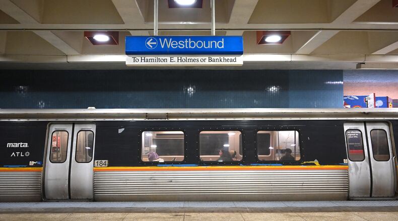 A MARTA train stops at a station. Early Saturday, a MARTA train fatally struck and killed a woman in Southwest Atlanta. (Hyosub Shin/AJC 2026)