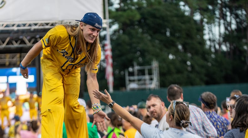 Savannah Banana team member stilts interacts with fans at the announcing of the 2024 Banana Ball World Tour draft on Thursday, October 5, 2023 in Savannah, GA. (AJC Photo/Katelyn Myrick)