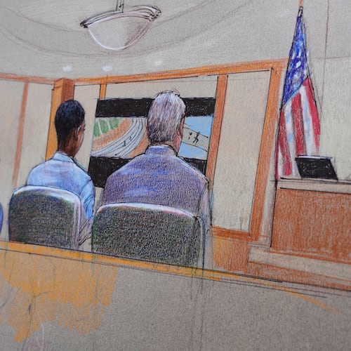 A courtroom sketch, provided by Pat Lopez shows Karmelo Anthony, center, at the defense table, the jury on the left and the presiding judge on the right, on Thursday, June 4, 2026, in McKinney, Texas, during the trial of a teen accused of fatally stabbing another during a track meet in suburban Dallas last year. (Pat Lopez via AP)