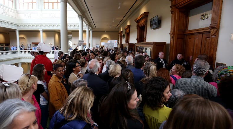 People fill the hallways outside of committee Room 450 in the state Capitol, at a first Senate hearing for HB 481, the anti-abortion “heartbeat” bill. JASON GETZ/SPECIAL TO THE AJC