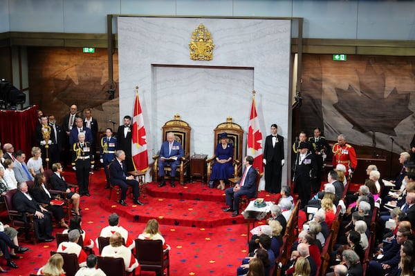 King Charles delivers the speech from the throne in the Senate in Ottawa, Canada, on Tuesday, May 27, 2025. (Sean Kilpatrick/The Canadian Press via AP)