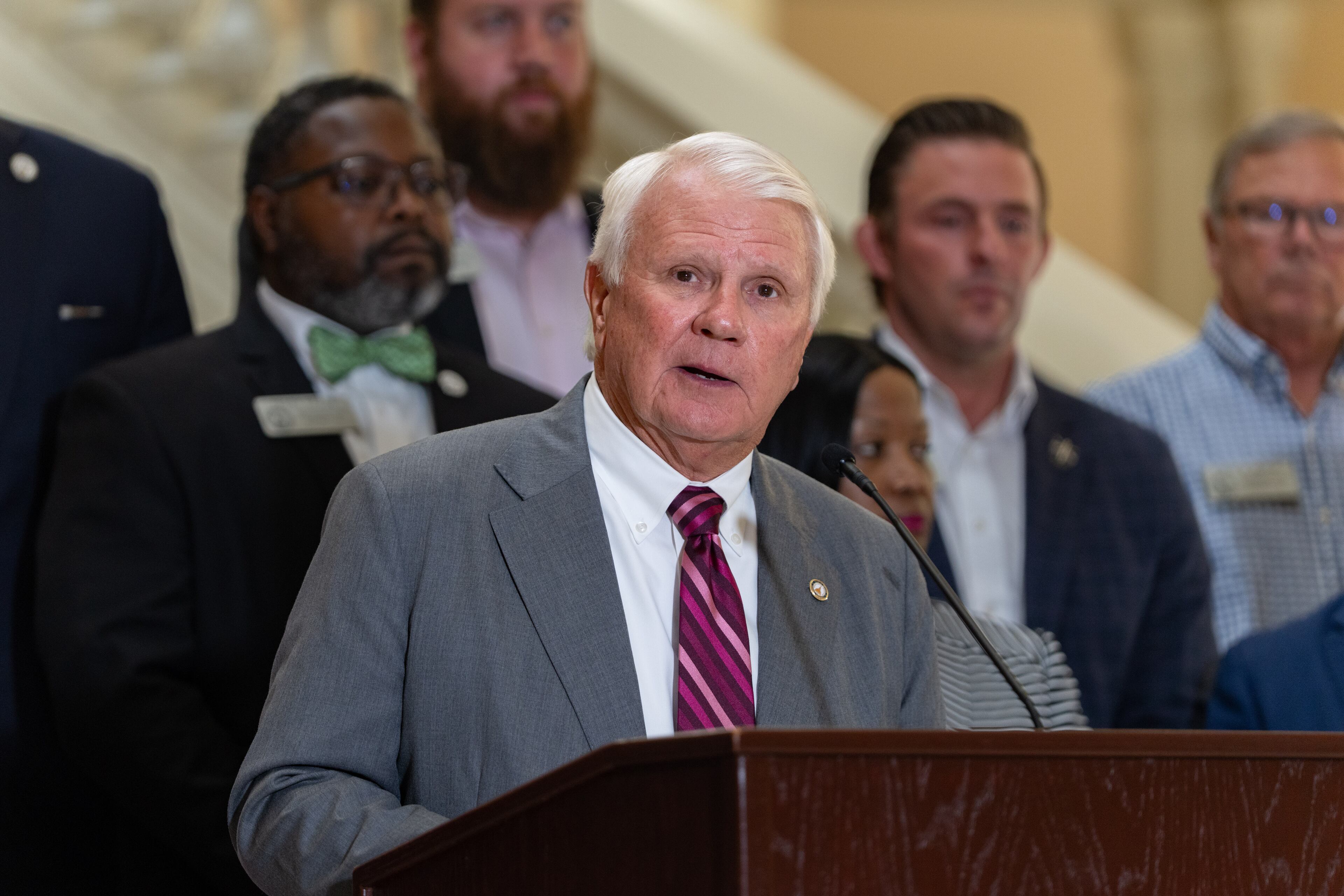 Georgia House Speaker Jon Burns speaks in the State Capitol to pray for the victims of the Guadalupe River flooding in Texas,  Wednesday, July 16, 2025. (Ben Hendren for the AJC)