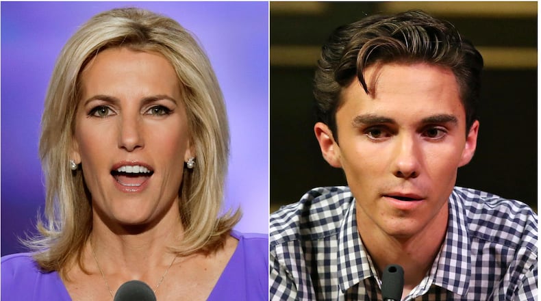 In this combination photo, Fox News personality Laura Ingraham speaks at the Republican National Convention in Cleveland on July 20, 2016, left, and David Hogg, a student survivor from Marjory Stoneman Douglas High School in Parkland, Fla., speaks at a rally for common sense gun legislation in Livingston, N.J. on Feb. 25, 2018.