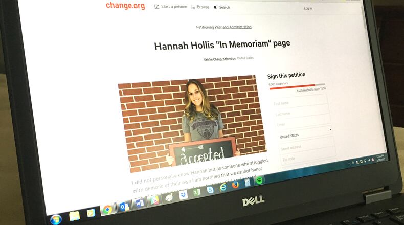 A petition urging Pearland, Texas, school administrators to allow a yearbook memorial page for Pearland High School senior Hannah Hollis, who killed herself March 19, was signed more than 6,000 times.