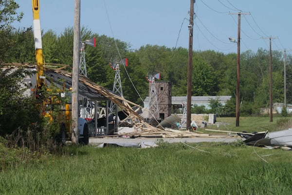 Damage from Thursday's storm is shown along U.S. 20 in Michigan City, Ind., on Friday, May 16, 2025. (Donavan Barrier /La Porte County Herald-Dispatch via AP)