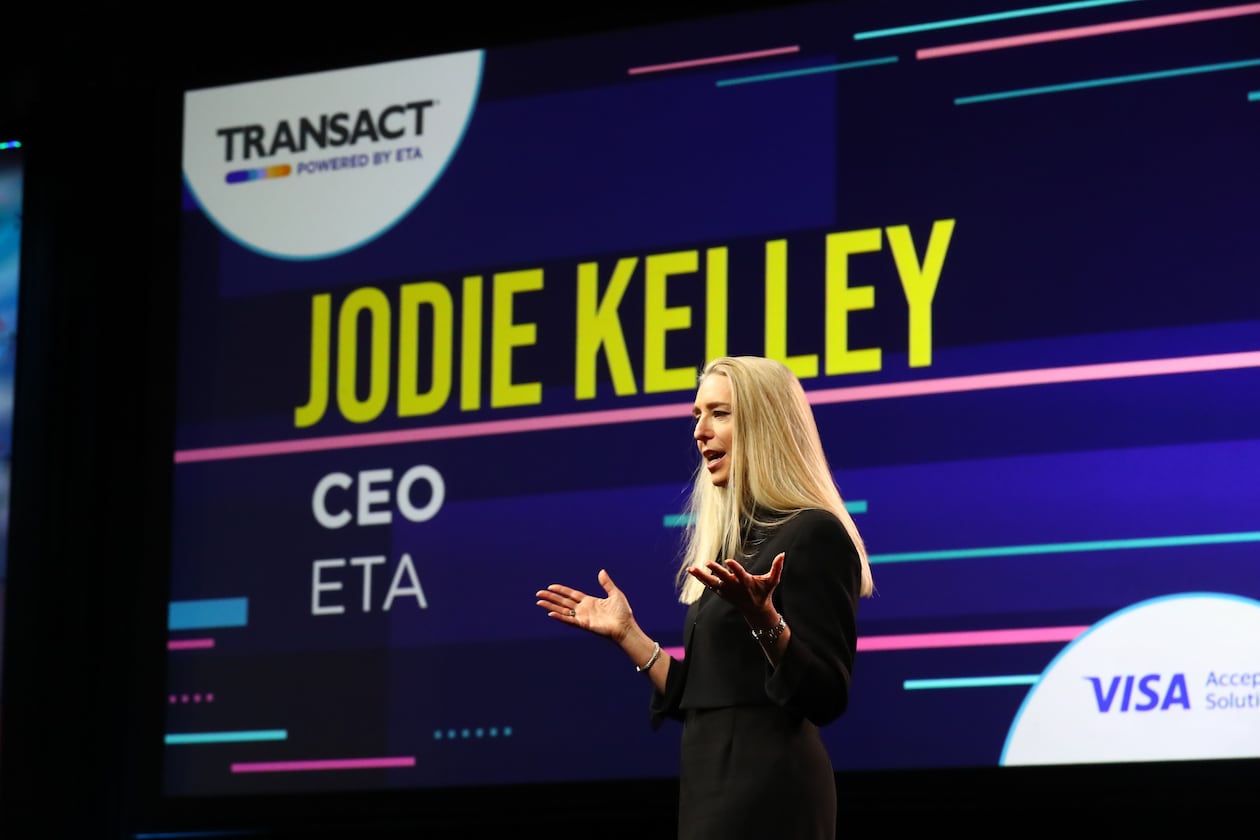 Electronic Transaction Association CEO Jodie Kelley — pictured speaking at the Transact conference in Atlanta in April 2023 — was in town again last week for ETA's annual conference at Georgia World Congress Center. (Courtesy of ETA)