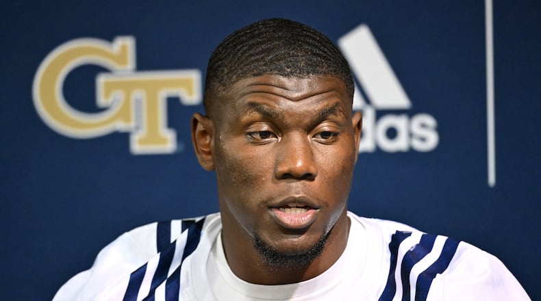 Georgia Tech defensive lineman Keion White (6) speaks to members of the press during Georgia Tech Football Media Day at Rose Bowl Field on Georgia Tech Campus in Atlanta on Saturday, August 6, 2022. (Hyosub Shin / Hyosub.Shin@ajc.com)