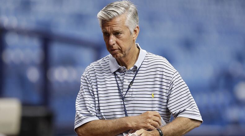 This March 30, 2018, file photo shows Dave Dombrowski, president of Baseball Operations for the Boston Red Sox, before a baseball game between the Tampa Bay Rays and the Red Sox in St. Petersburg, Fla.