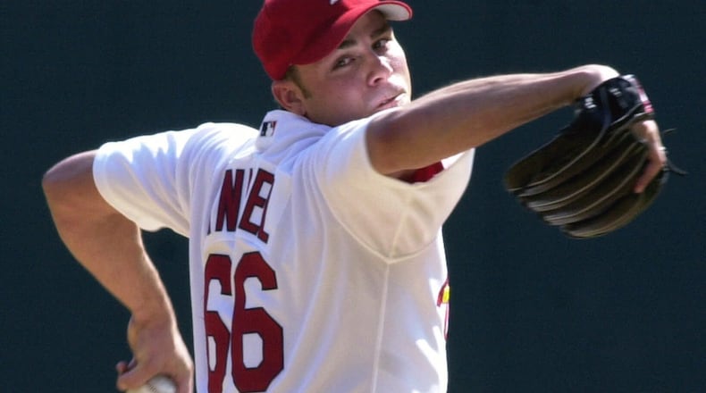 St. Louis Cardinals pitcher Rick Ankiel throws against the Atlanta Braves during the first inning of Game 1 of the National League Divisional Series Tuesday, Oct. 3, 2000, at Busch Stadium in St. Louis.