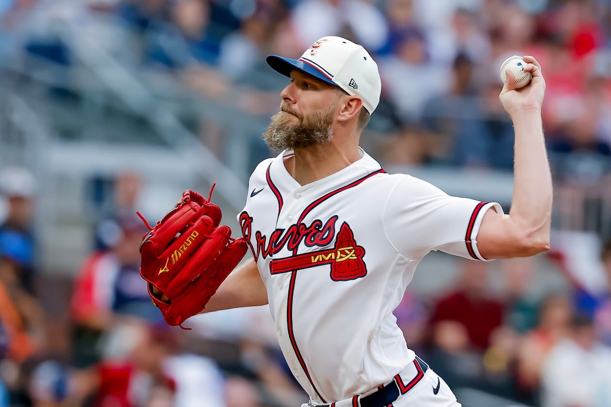 Atlanta Braves pitcher Chris Sale delivers to a New York Mets batter during the first inning of a baseball game, Saturday, July 4, 2026, in Atlanta. (AP Photo/Erik S. Lesser)