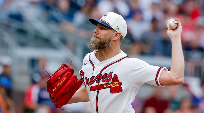 Braves pitcher Chris Sale delivers during the first inning against the Mets on Saturday, July 4, 2026, in Atlanta. Sale allowed three runs and seven hits in five-plus innings. (Erik S. Lesser/AP)