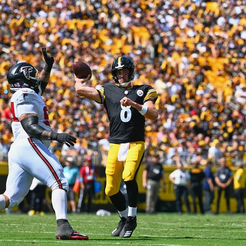 Pittsburgh Steelers quarterback Aaron Rodgers looks to pass during an NFL football game against the Atlanta Falcons, Sunday, Sept. 13, 2026, in Pittsburgh. (Justin Berl/AP))