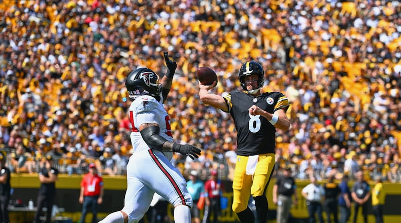 Pittsburgh Steelers quarterback Aaron Rodgers looks to pass during an NFL football game against the Atlanta Falcons, Sunday, Sept. 13, 2026, in Pittsburgh. (Justin Berl/AP))