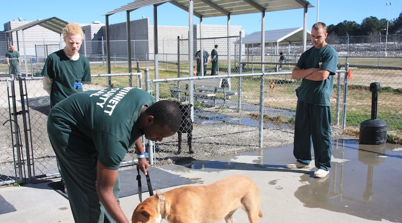 Inmates participating in the Jail Dogs program training one of the dogs available for adoption. Photo by Karen Huppertz for the AJC. AJC FILE PHOTO