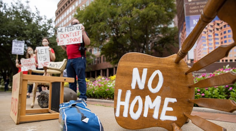 Protesters rally in Texas in September. The latest stimulus bill extends eviction protections and includes billions in rental assistance for Americans struggling to make rent during the pandemic. (Juan Figueroa/The Dallas Morning News/TNS)