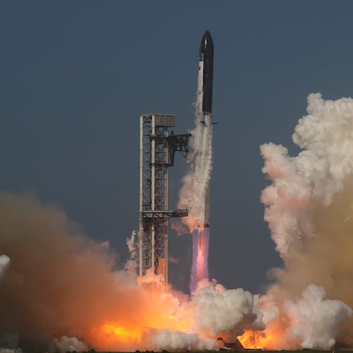 SpaceX's Starship rocket lifts off during a test flight from Starbase, Texas, Friday, May 22, 2026. (AP Photo/Eric Gay)