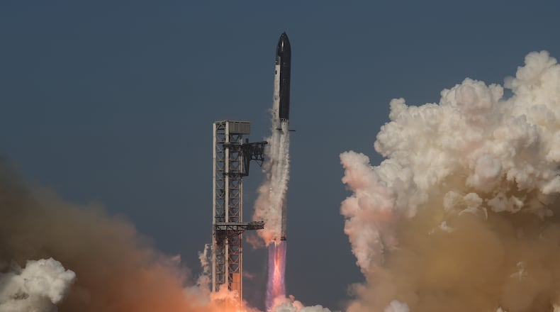 SpaceX's Starship rocket lifts off during a test flight from Starbase, Texas, Friday, May 22, 2026. (AP Photo/Eric Gay)