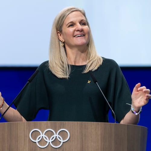 International Olympic Committee (IOC) President Kirsty Coventry, speaks during the 146th Session of the International Olympic Committee (IOC) at the SwissTech Convention Centre, in Lausanne, Switzerland, Wednesday, June 24, 2026. (Cyril Zingaro/Keystone via AP)