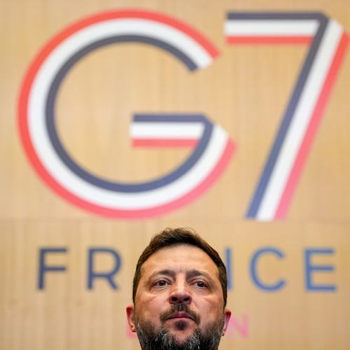 Ukrainian President Volodymyr Zelenskyy attends the G7 summit in Evian-les-Bains, France, Tuesday, June 16, 2026. (AP Photo/Vadim Ghirda)