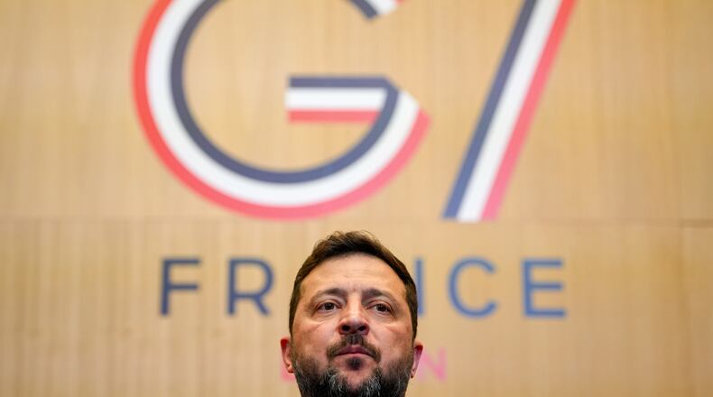 Ukrainian President Volodymyr Zelenskyy attends the G7 summit in Evian-les-Bains, France, Tuesday, June 16, 2026. (AP Photo/Vadim Ghirda)
