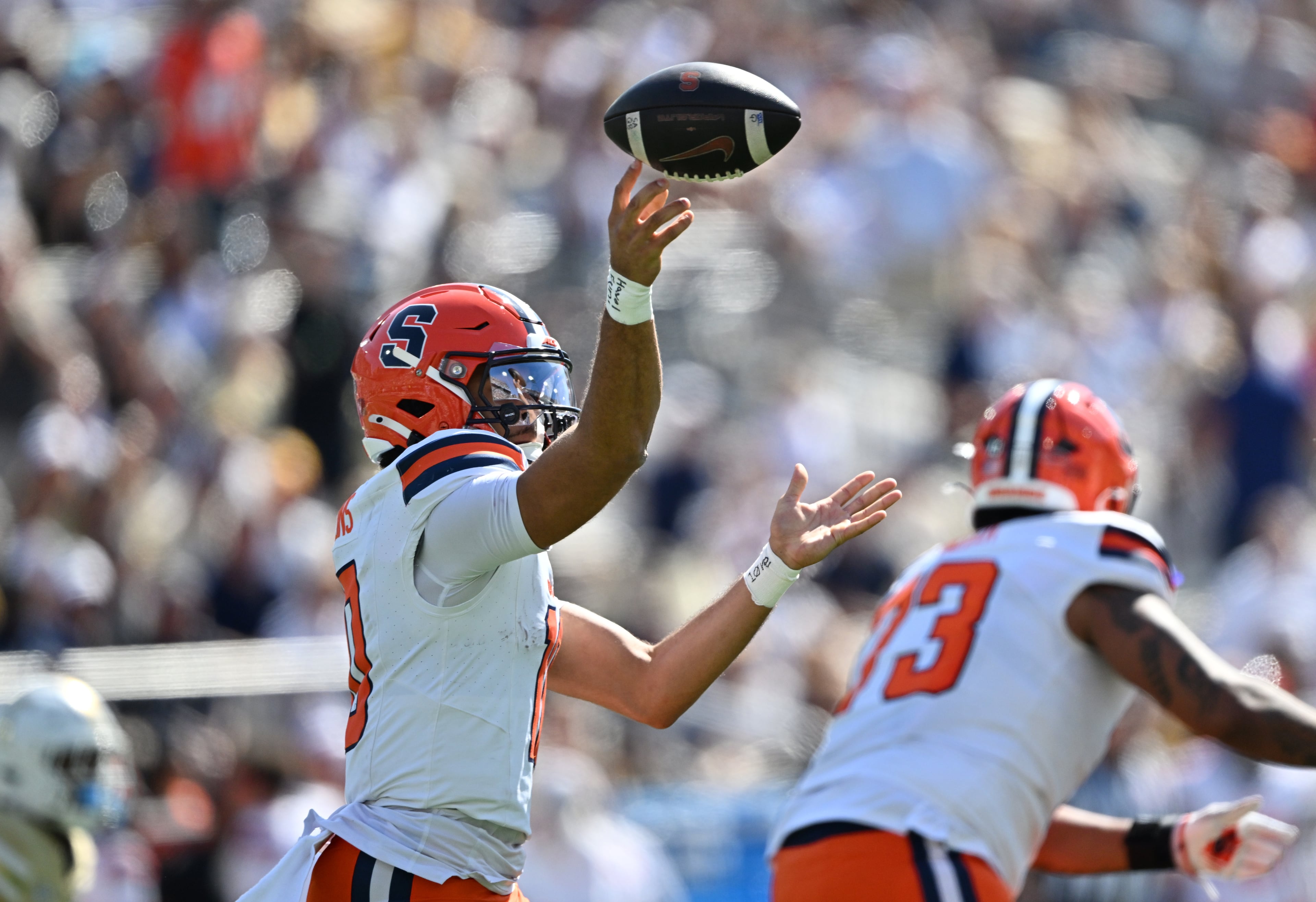 Syracuse quarterback Rickie Collins (10) gets off a pass during the first half of an NCAA college football game at Bobby Dodd Stadium, Saturday, October 25, 2025 in Atlanta. (Hyosub Shin / AJC)