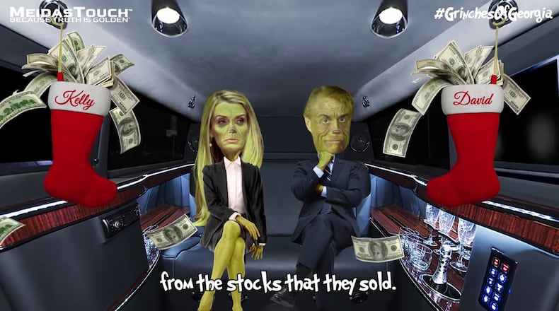 A screengrab reveals U.S. Sens. Kelly Loeffler and David Perdue portrayed as Grinch-like figures in a Christmas-themed attack ad from the liberal PAC Meidas Touch. Georgia is besieged with hard-hitting political ads this holiday season as the Jan. 5 U.S. Senate runoffs near. (screengrab)